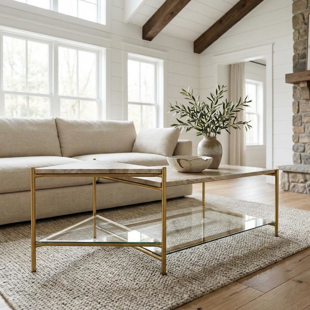 Marble Coffee Table with Glass Top and Brass Iron Frame Free Form Design