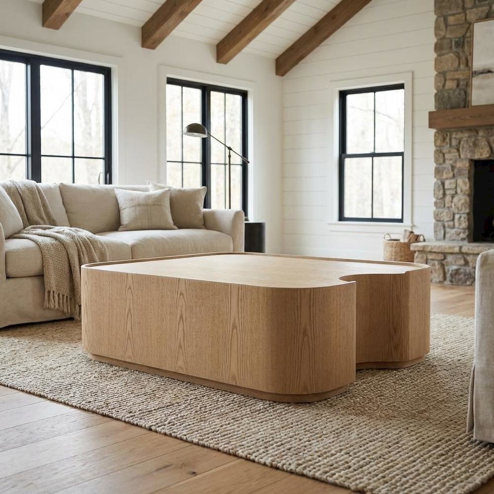 Veneer Coffee Table with Solid and Manufactured Wood Top Free Form Design