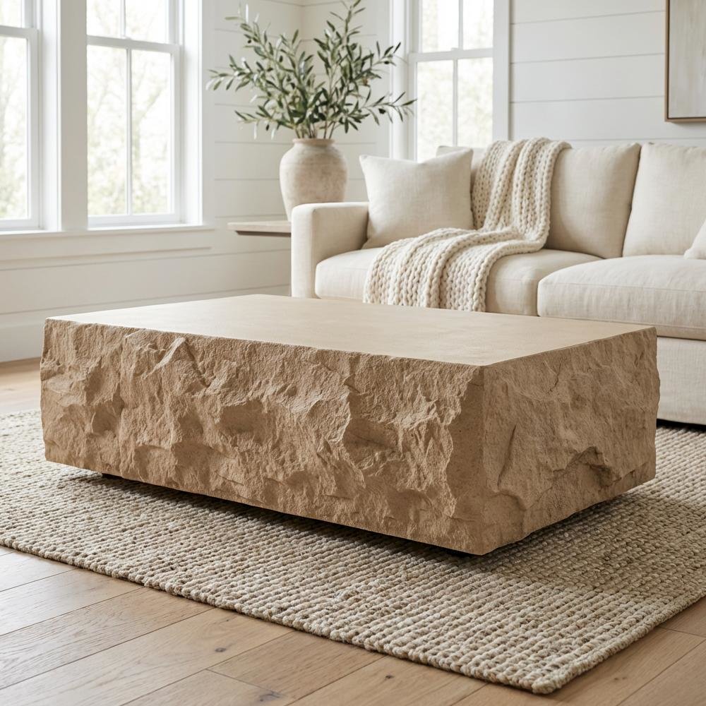 Beige Square Coffee Table with Fiberglass Construction and Modern Design