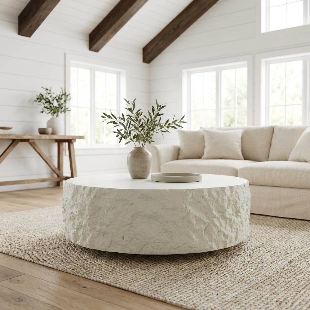 White Round Coffee Table with Fiberglass Surface and Modern Design