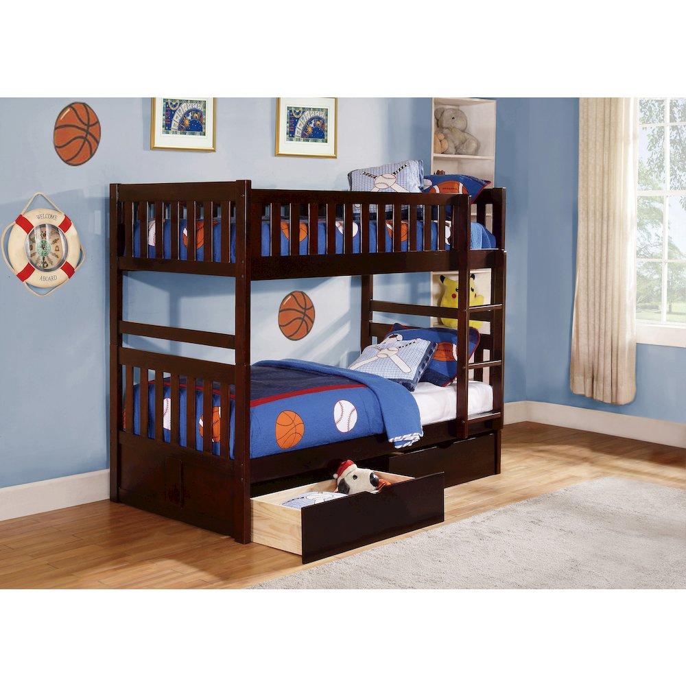 Rowe Pine Twin Over Twin Bunk Bed with Storage Boxes in Dark Cherry