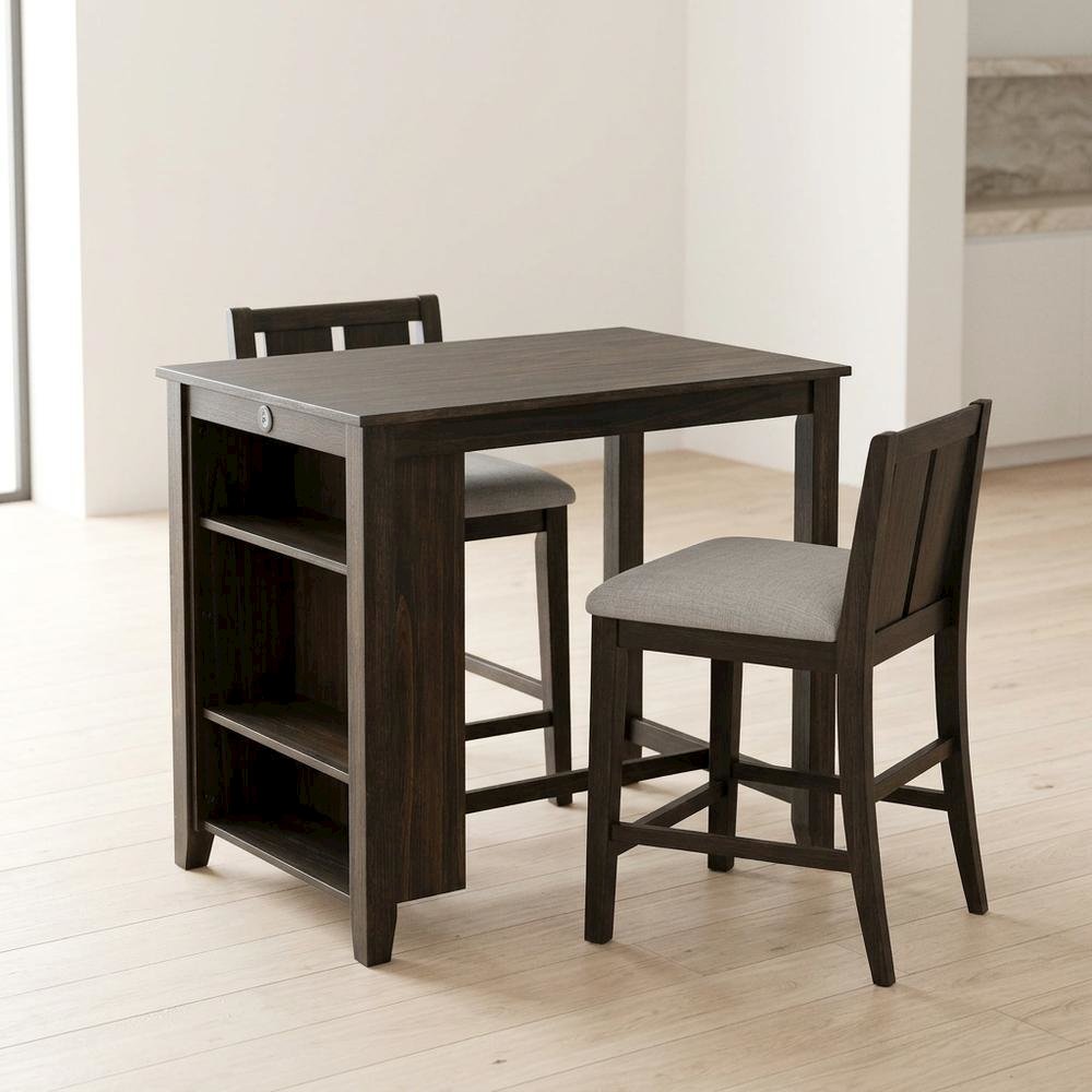 Wood Veneer Counter Height Dining Table Set with Bar Stools, Brown, Set of 3