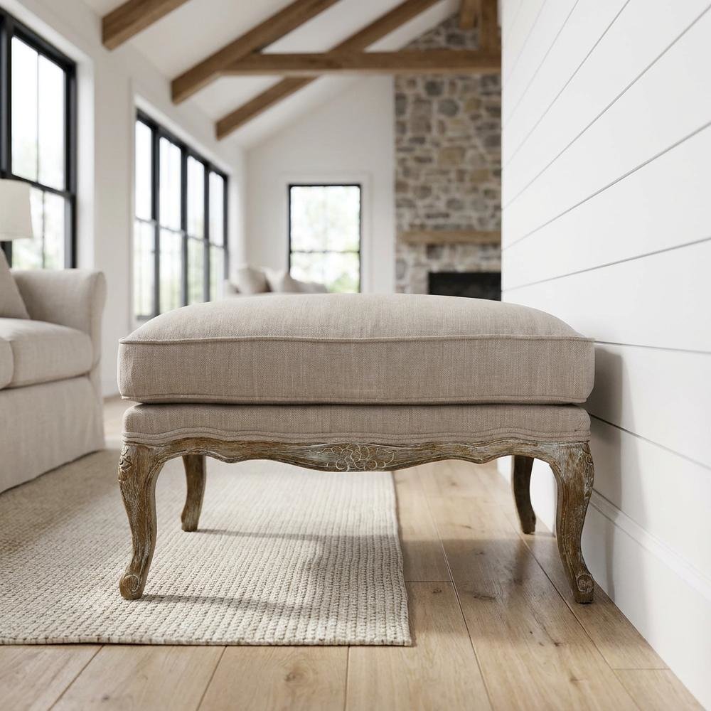 Linen Fabric Ottoman, Textured Neutral Minimalist Seating