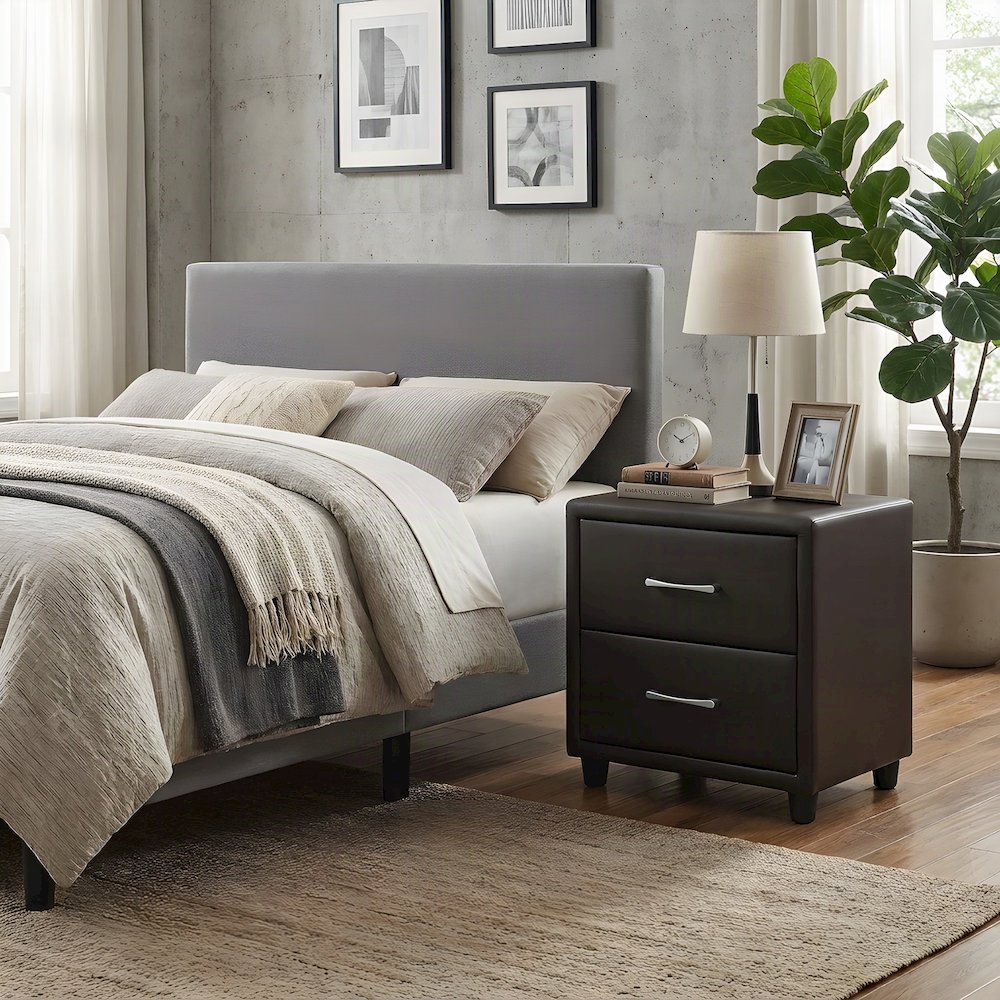 Faux Leather Upholstered Nightstand with Open Shelf, Bedside Table, Dark Brown