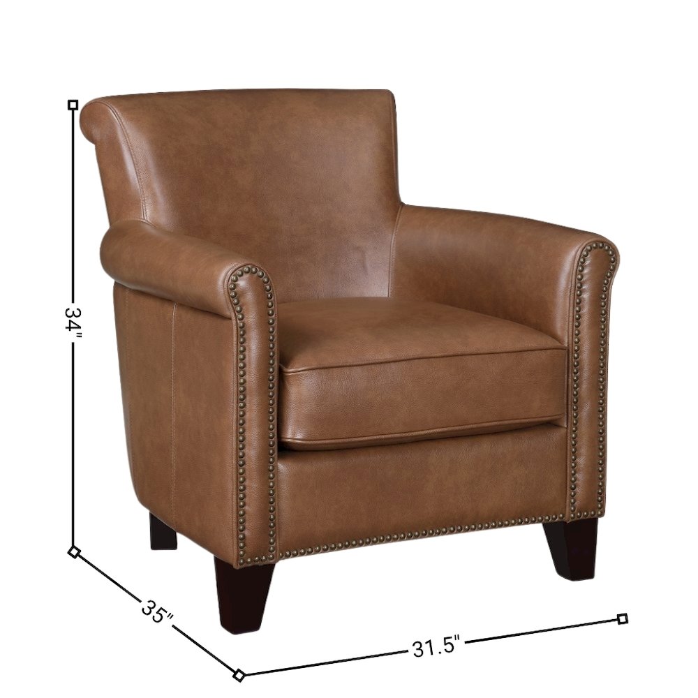 Elegant Brown Leather Accent Chair with Arm Rest and Nailheads Trim