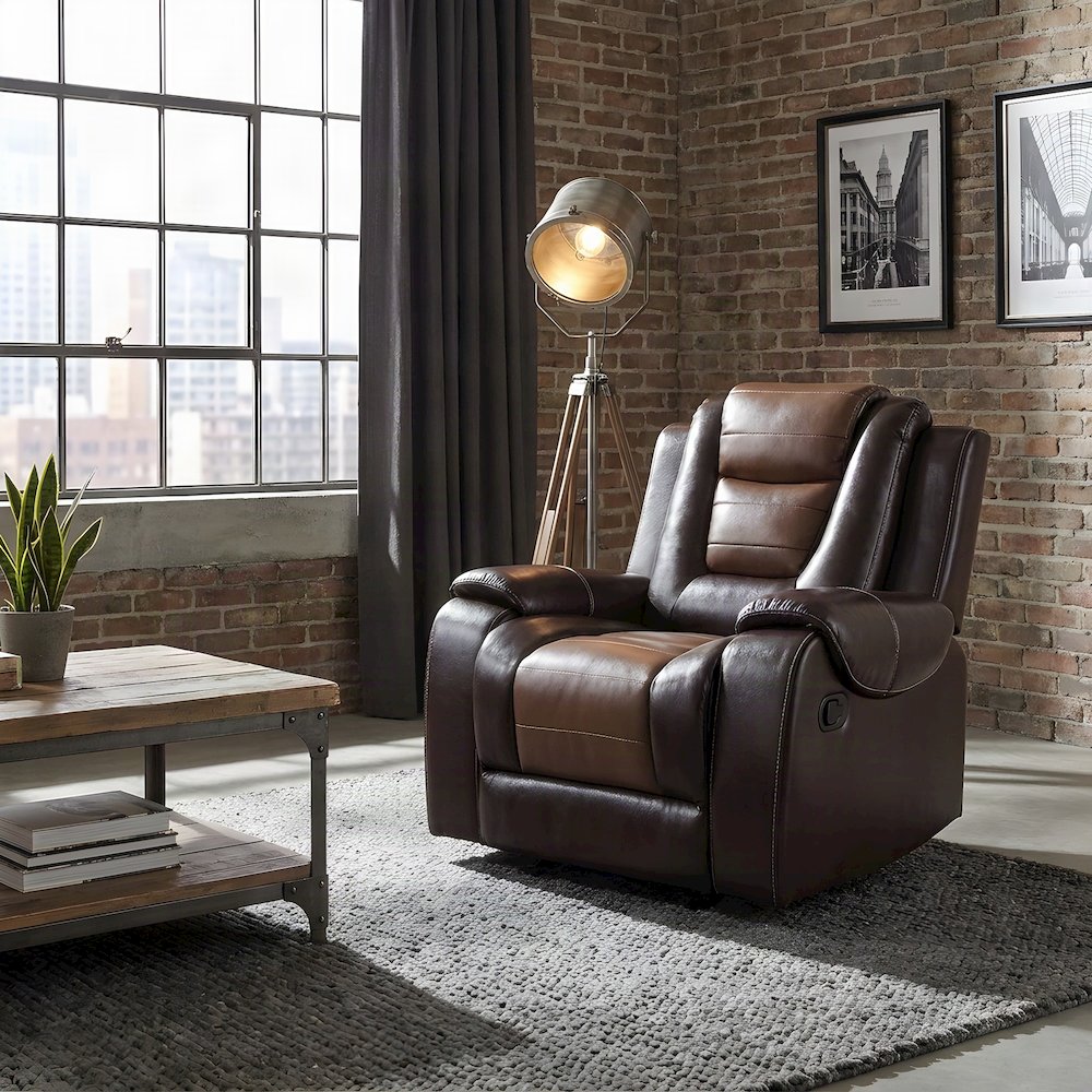Briscoe Faux Leather Glider Recliner Chair, 2-Tone Light and Dark Brown