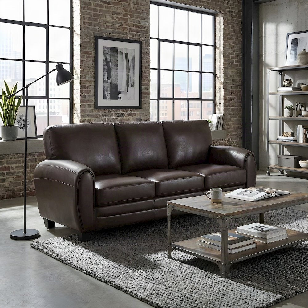 Rubin Faux Leather Sofa Couch with Track Arms, Firm-Cushioned Seat, Dark Brown