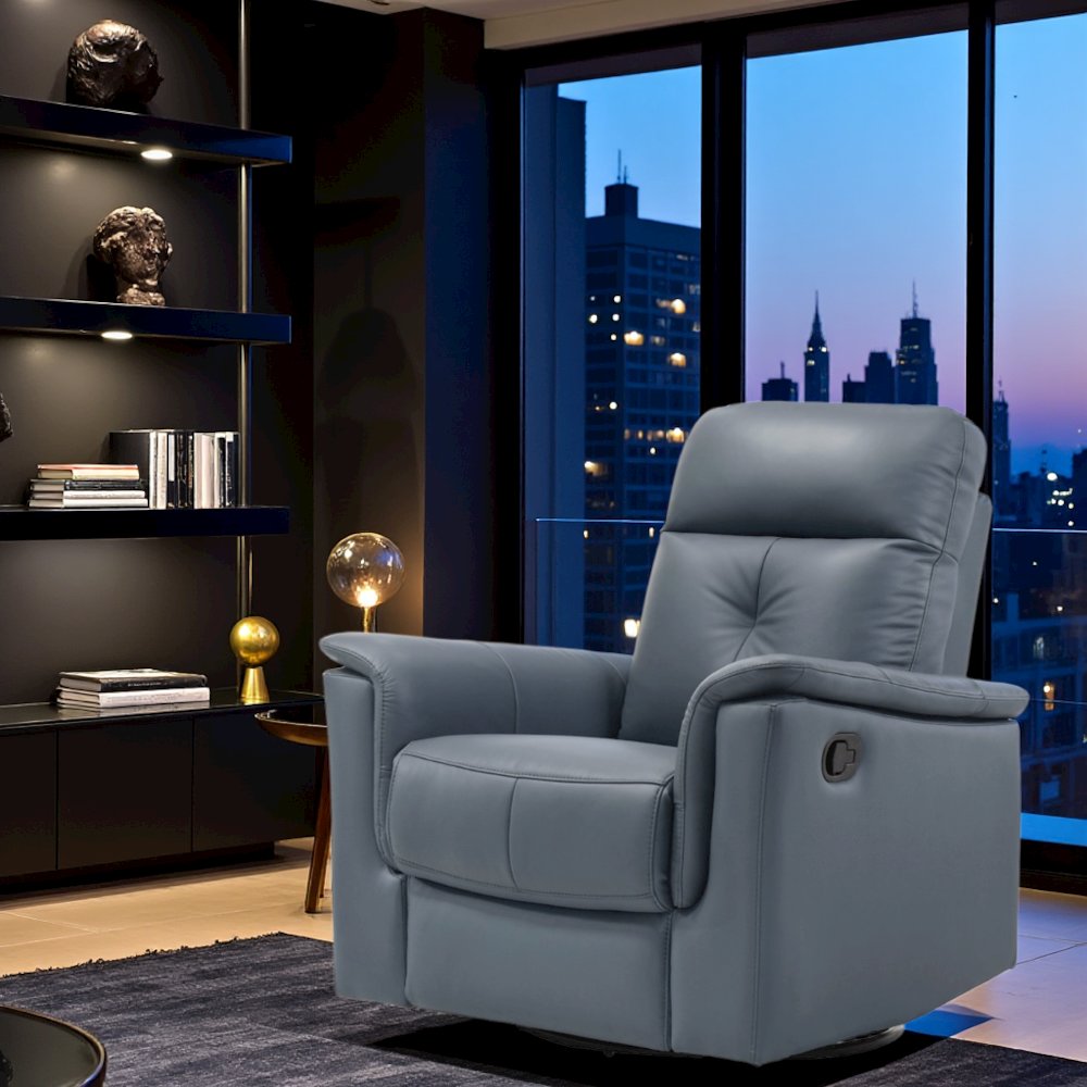 Blue Gray Leather Swivel Glider Recliner, Elegant Leather Recliner Chair