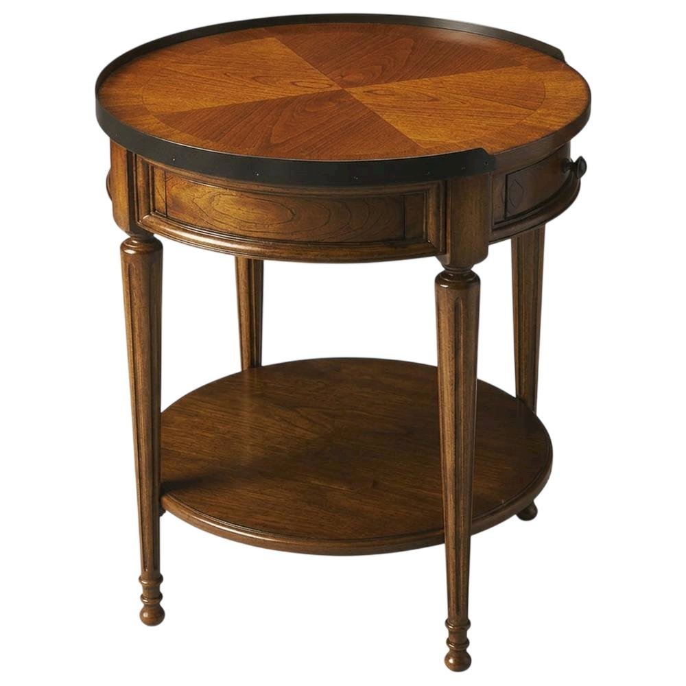 Round Side Table with Drawer, Transitional Accent Table, Olive Ash