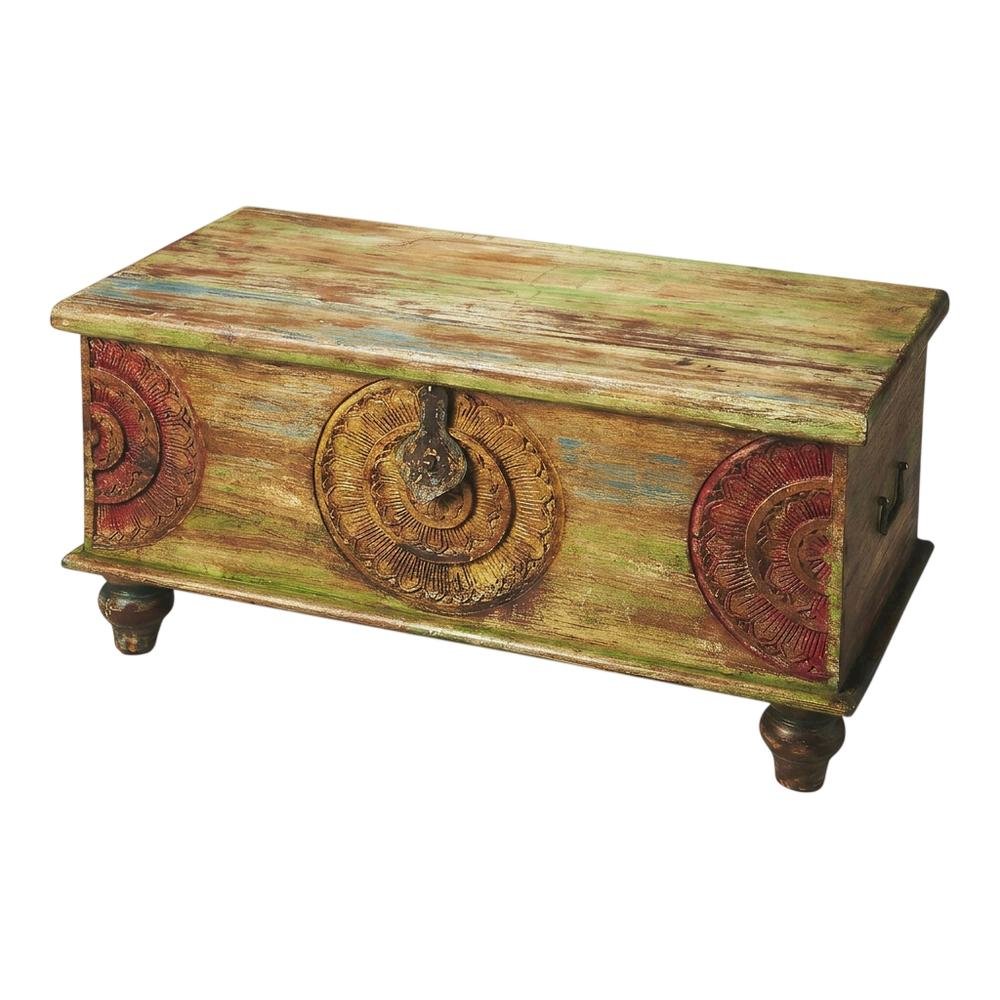 Carved Wood Trunk Coffee Table, Boho Eclectic Cocktail Table for Living Room