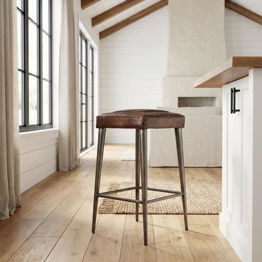 Backless Bar Stool with Leather Seat, Industrial Counter Stool for Kitchen