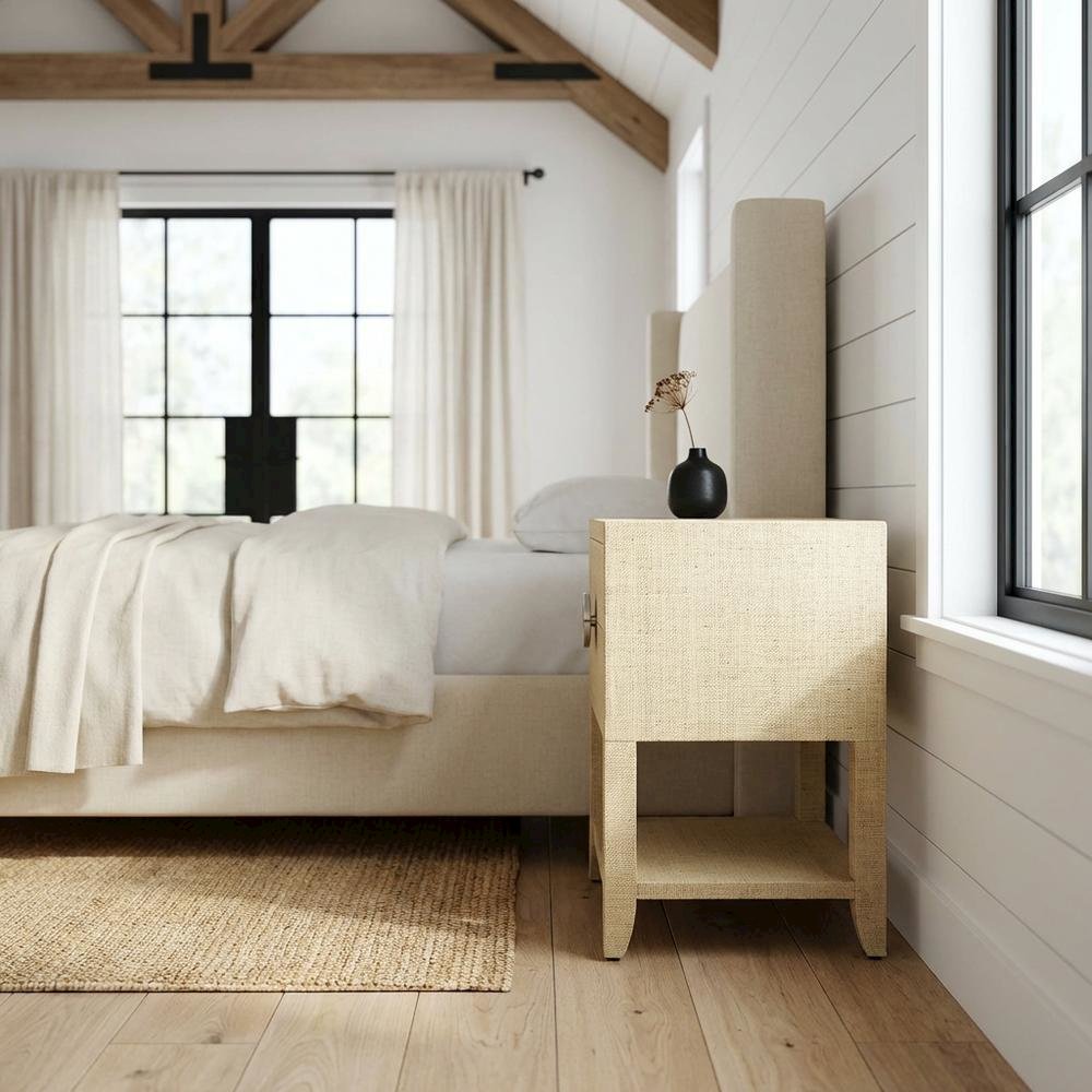 Raffia Nightstand with 2 Drawers, Coastal Bedside End Table for Bedroom, Cream