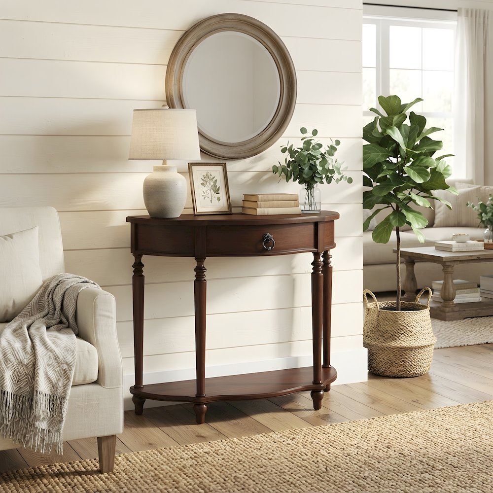 Cherry Veneer Demilune Console Table with Drawer and Display Shelf for Entryway