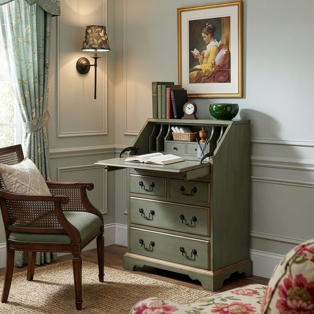 Danforth 25.5 in. W Rectangular Wood 5 Drawer Secretary, Pastel Green