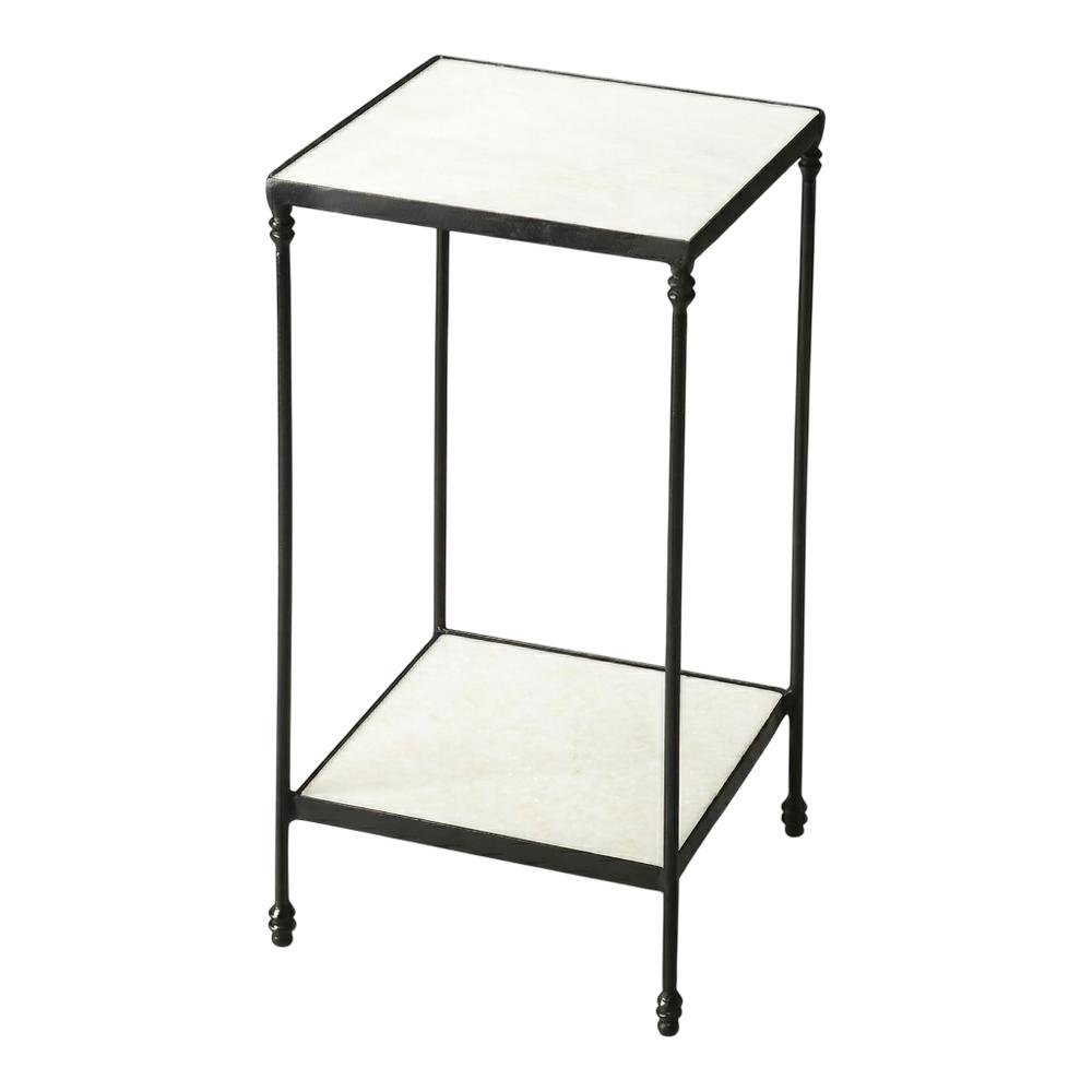Square Marble Top Side Table with Shelf, Transitional Accent, Black