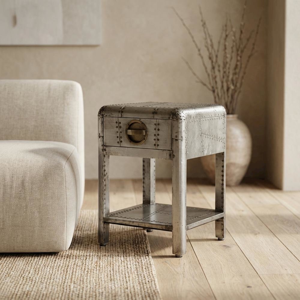 Industrial Side Table with Drawer, Square Wood End Table for Living Room