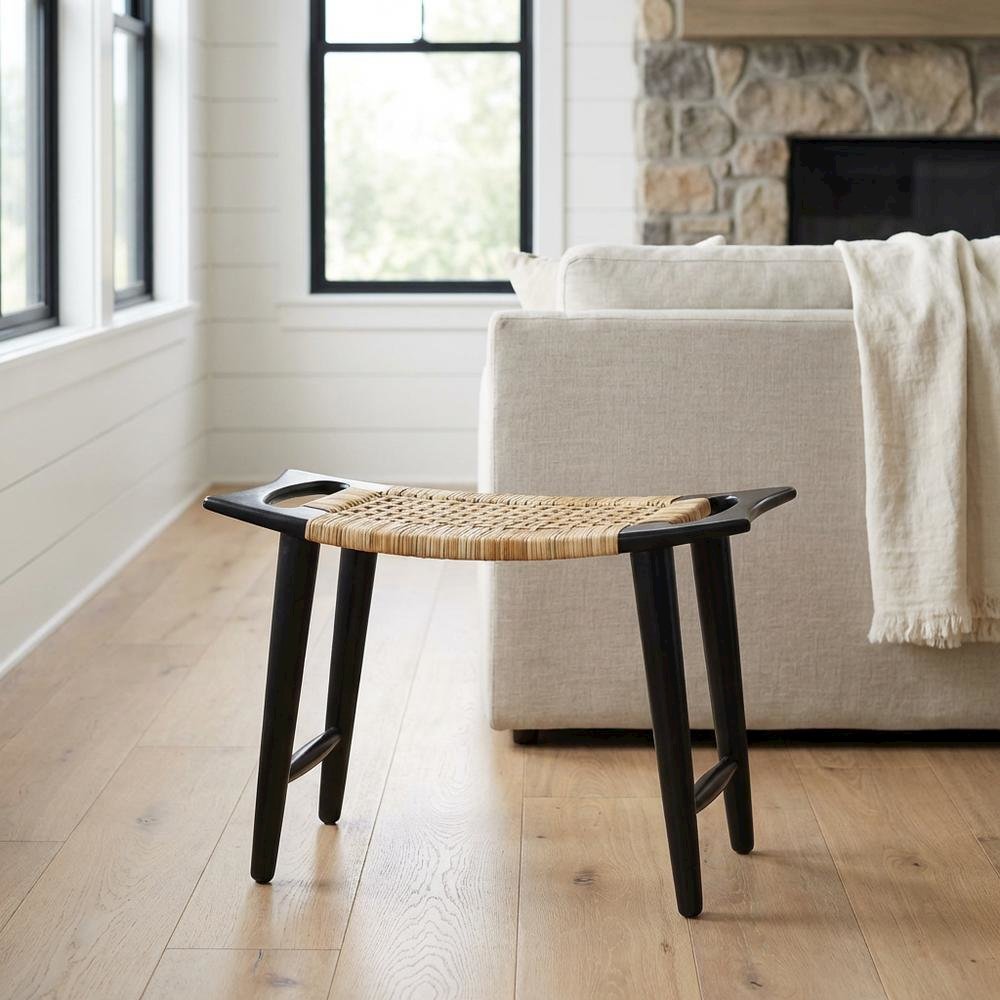 Coastal Rattan Accent Stool with Distressed Wood Finish for Living Room