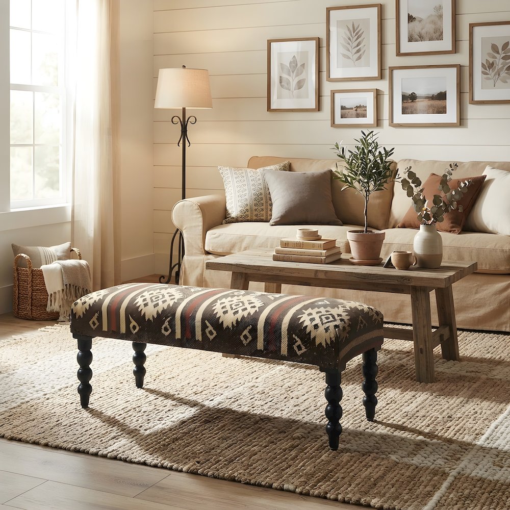 Wool-Upholstered Transitional Bench with Distressed Sheesham Wood Legs