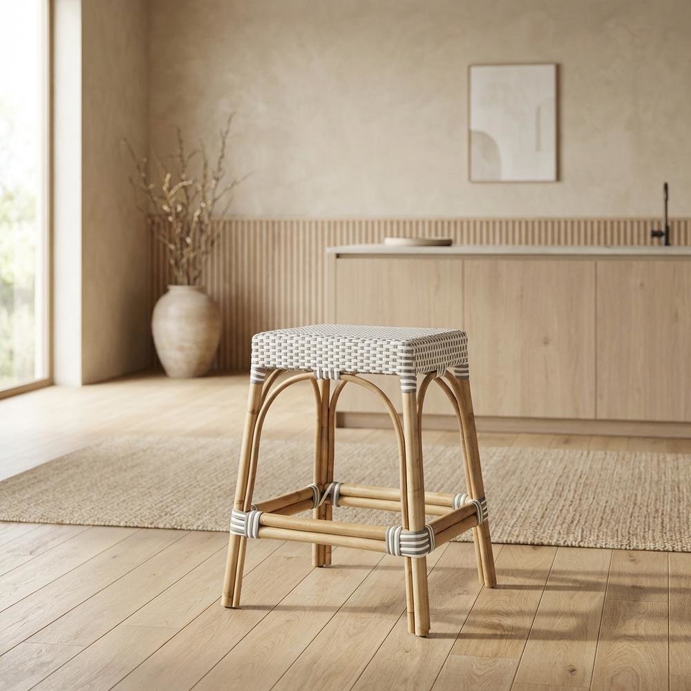 Rattan Counter Stool with Footrest, Coastal Bar Stool for Kitchen Dining Room