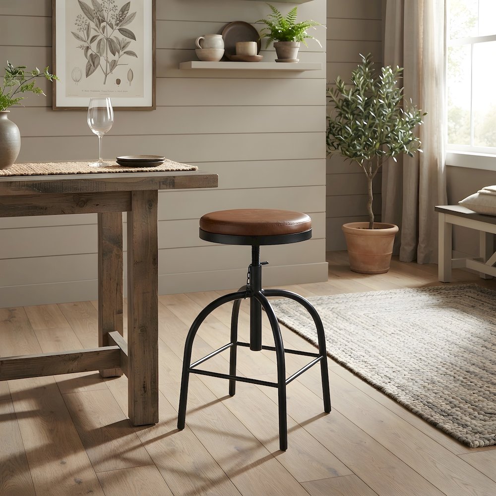 Leather-Upholstered Adjustable Bar Stool with Iron Frame, Distressed Finish