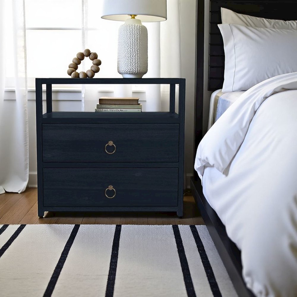 Navy Blue Nightstand – Wide Wood Night Stand with Two Drawers in Blue