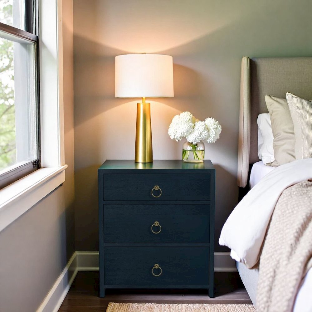 Navy Blue Nightstand – Wide Wood Night Stand with Three Storage Drawers