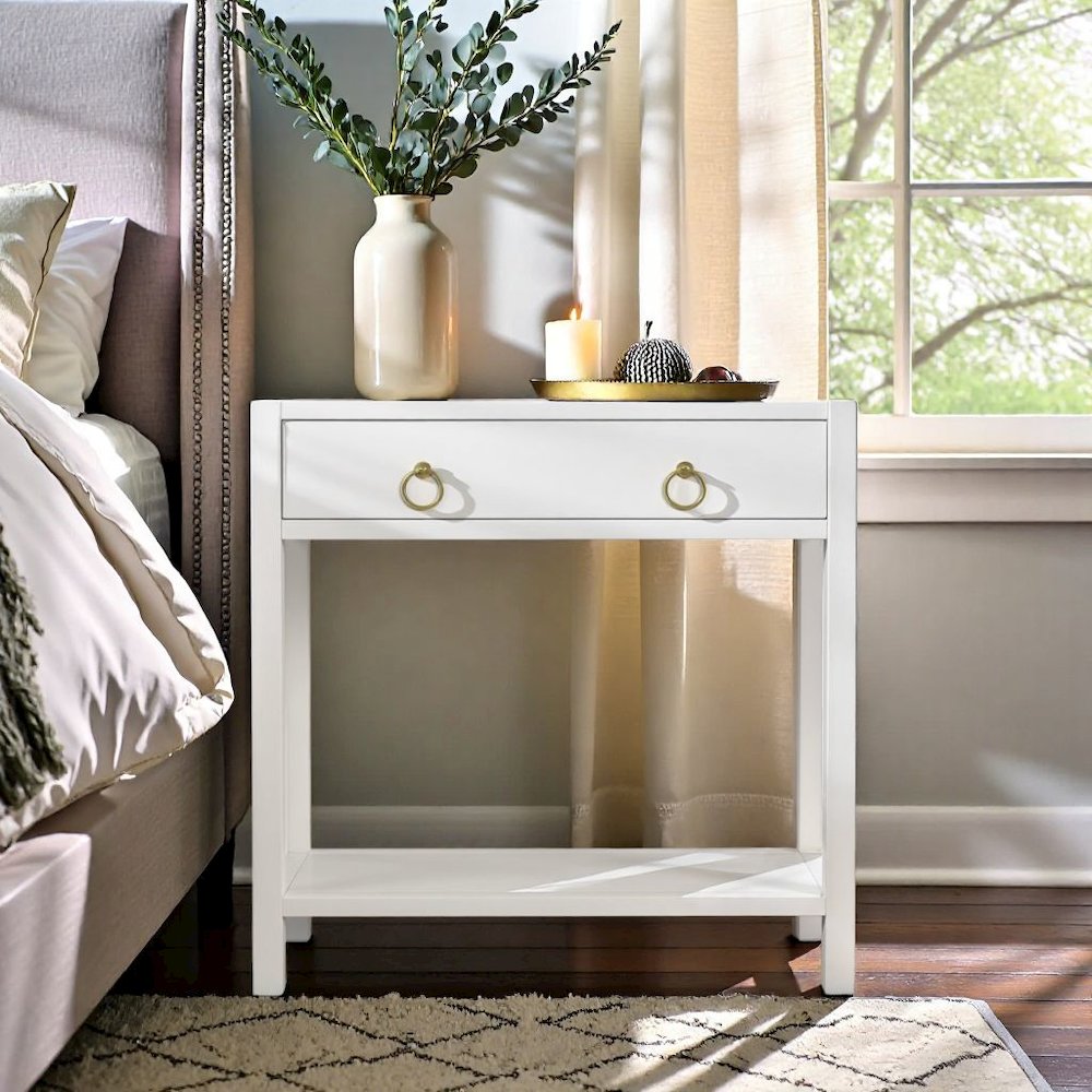 Wide White Nightstand with Drawer – 30 Inch Wood Nightstand for Bedroom