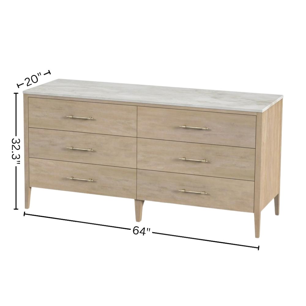 6 Drawer Wood Dresser for Bedroom with Marble Top in Light Brown Finish