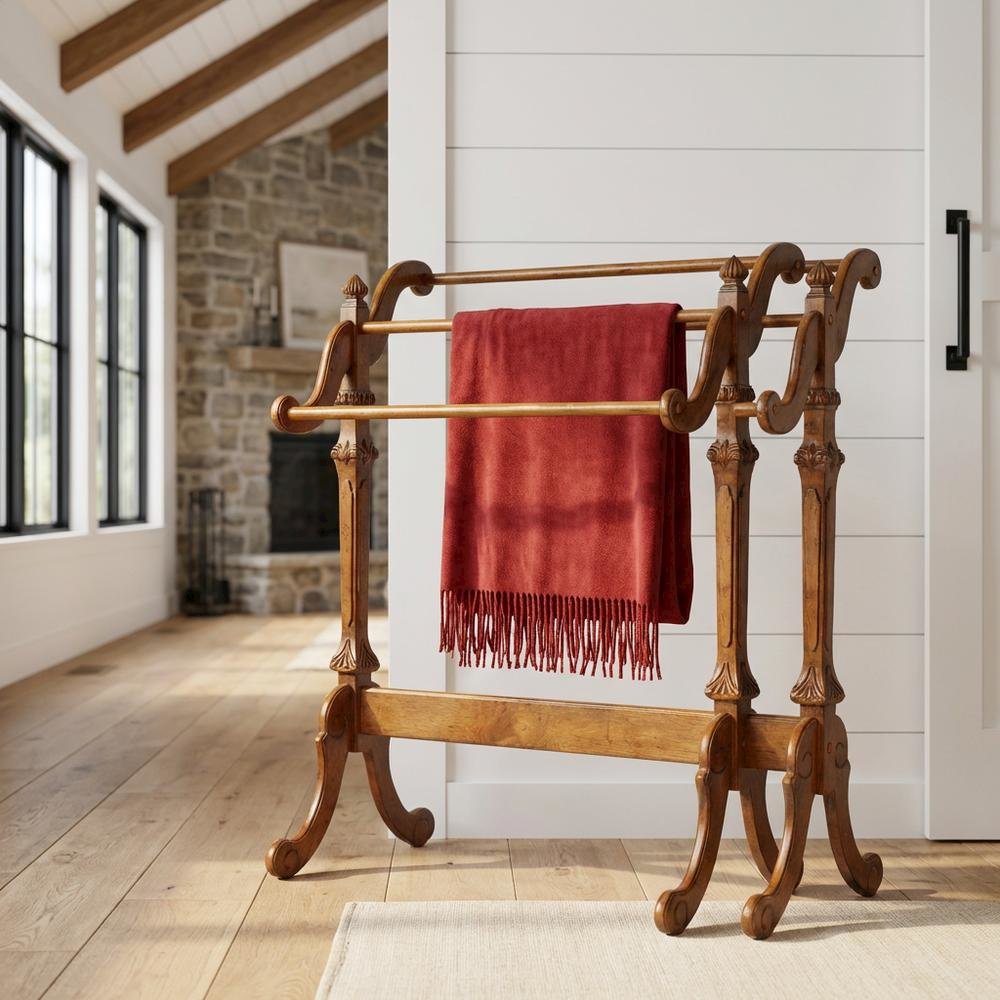 Wooden Blanket Stand with Trestle Base, Traditional Quilt Rack, Vintage Oak