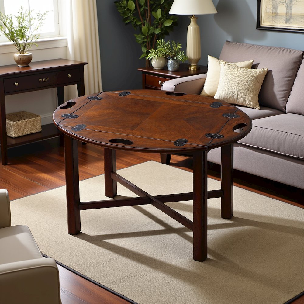 Dark Brown Oval Coffee Table for Living Room with Vintage Wood Finish