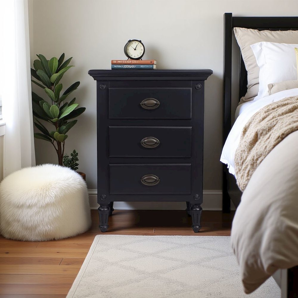 Black Wood Nightstand with Drawers – Classic 3 Drawer Bedroom Table