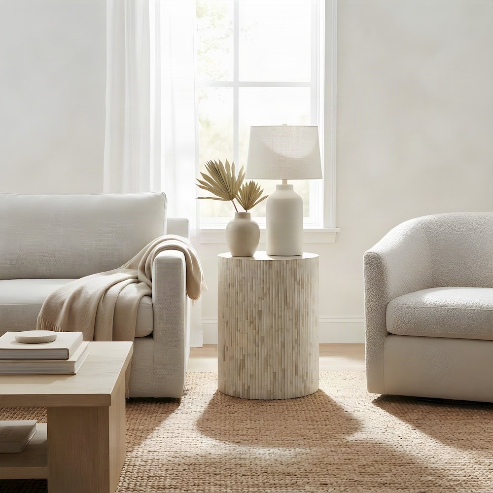 Modern Round Side Table with Organic Ridged Fluted End Table, Natural Bone