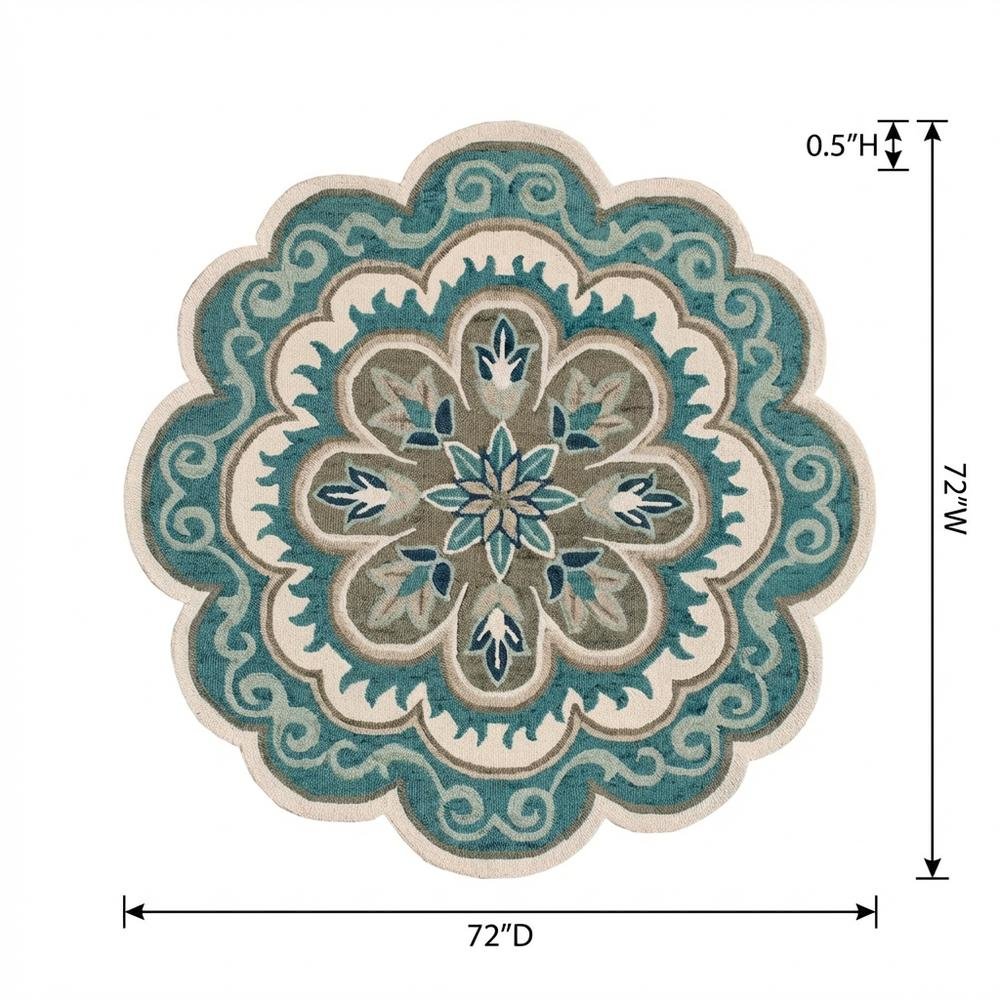 Blue Round Indoor Area Rug With Bohemian Style And Spot Clean Durability