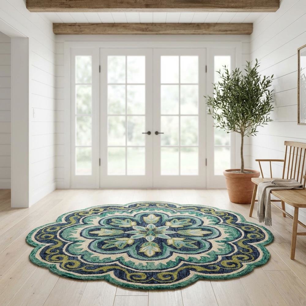Bohemian Indoor Area Rug In Green And Blue, Round Design, Soft High-Pile