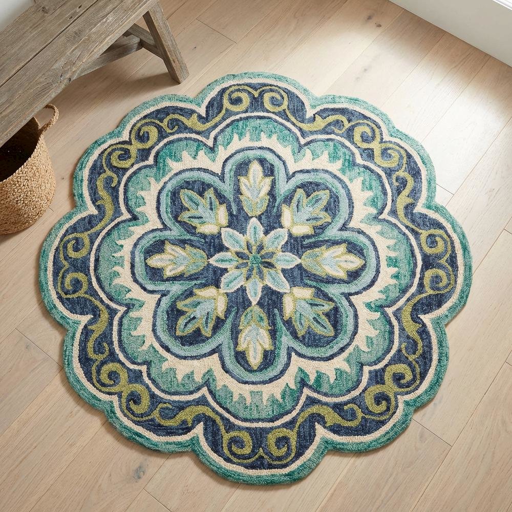 Bohemian Indoor Area Rug In Green And Blue, 5' Round, Casual Style
