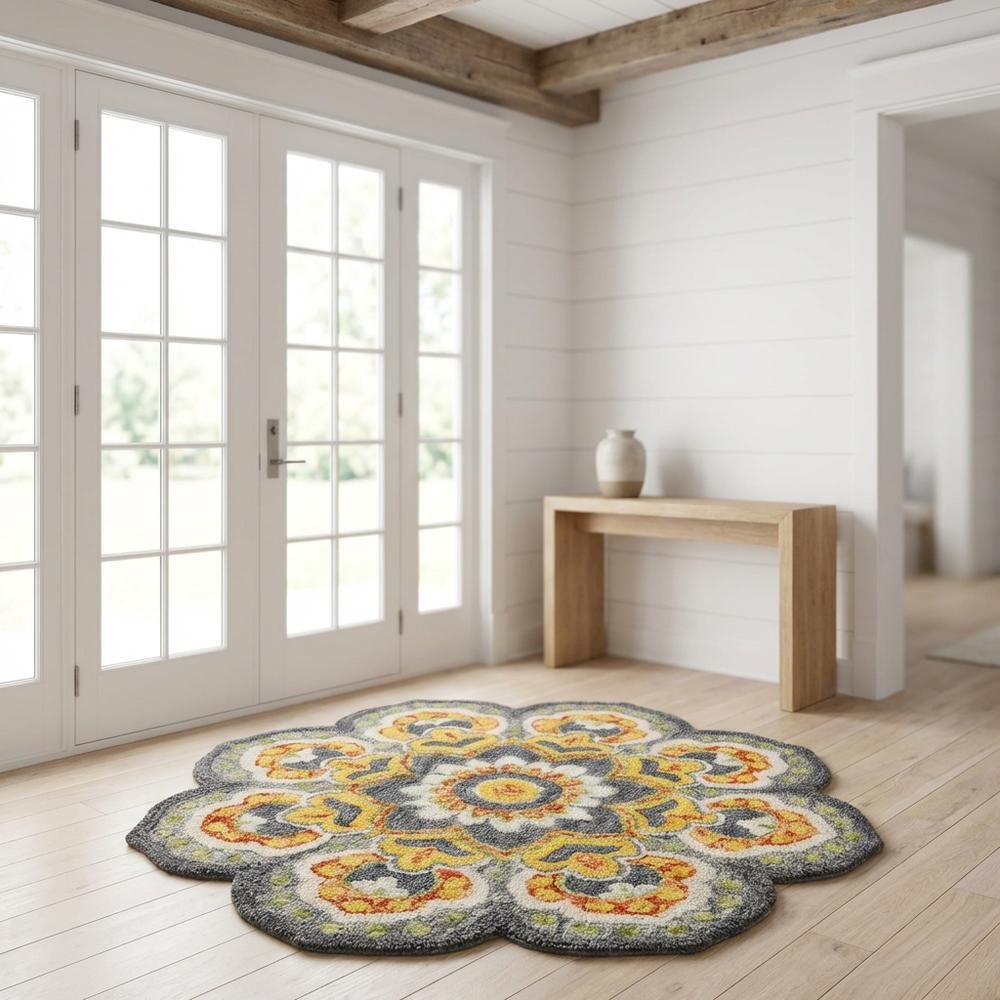 Gray Indoor Round Area Rug With Classic Style And Vibrant Yellow Accents