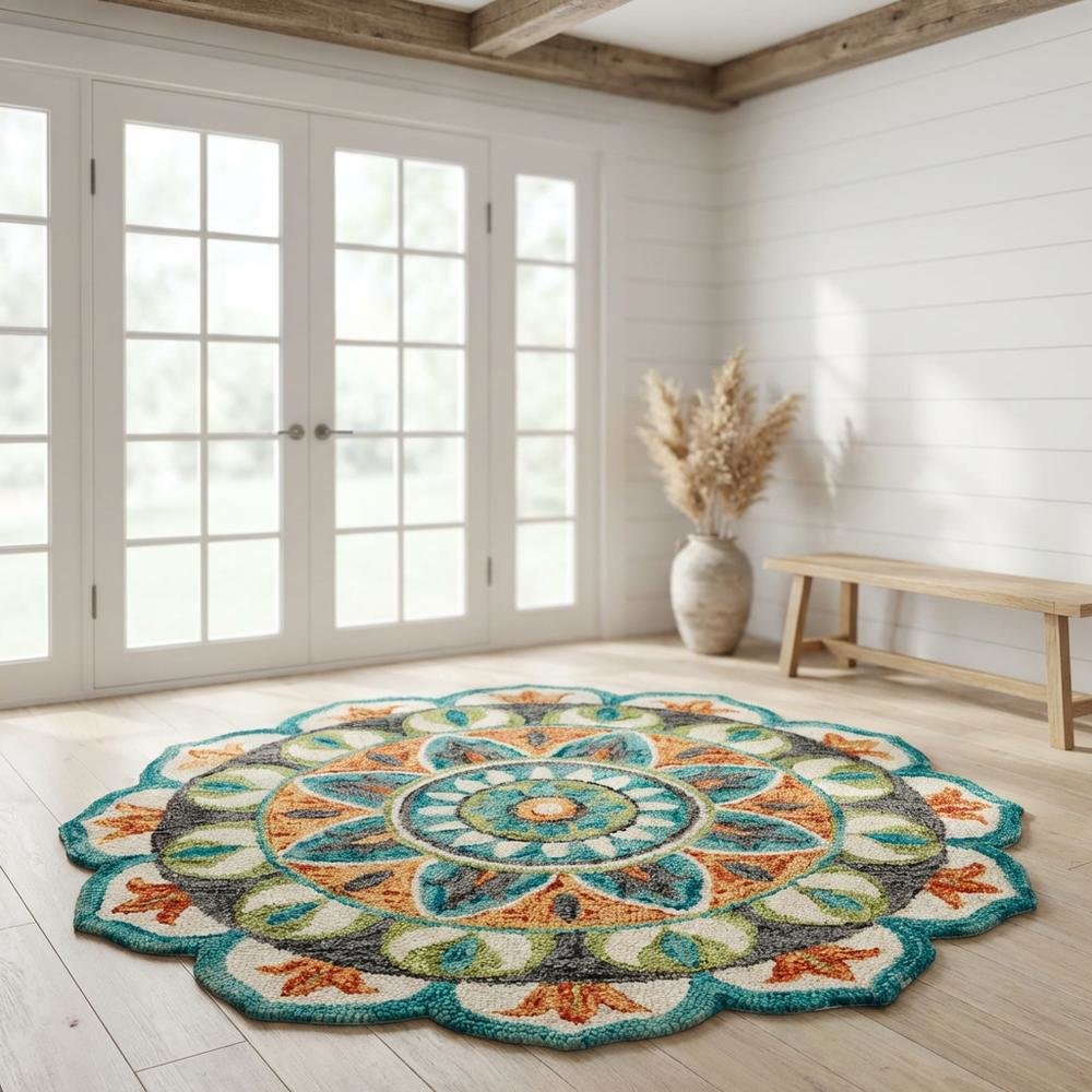 Bohemian Round Indoor Area Rug In Bright Orange And Blue For Living Room Decor