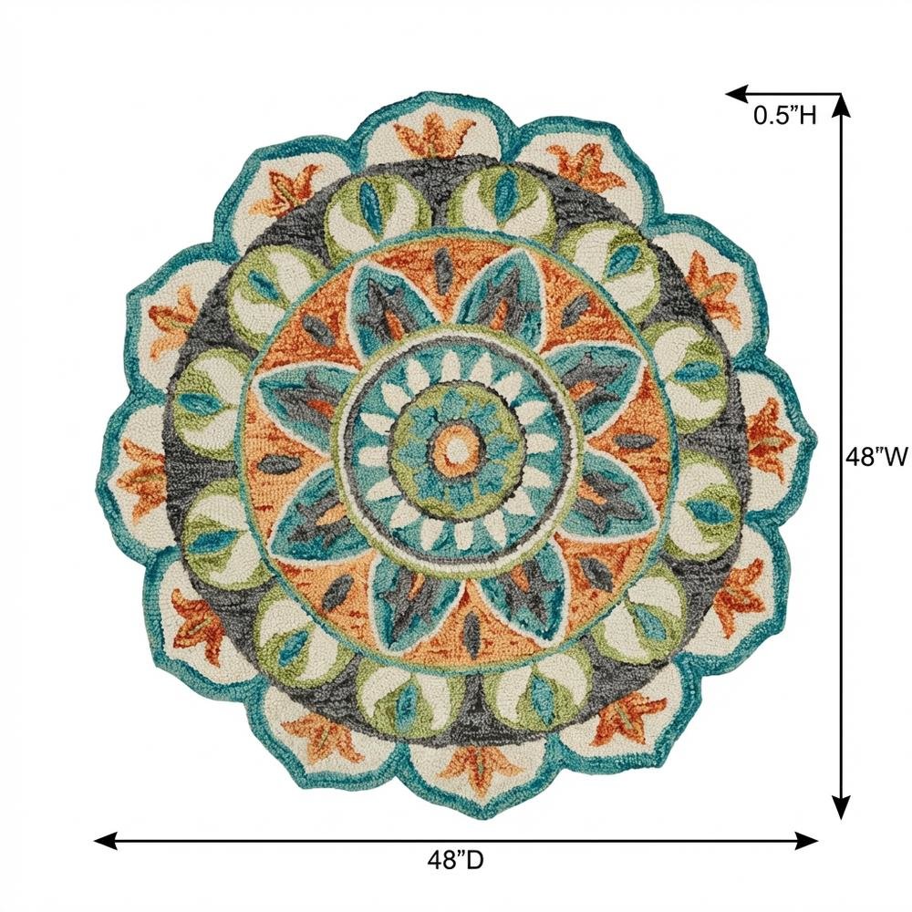 Bohemian Indoor Area Rug In Orange And Blue, 4' Round Durable Design