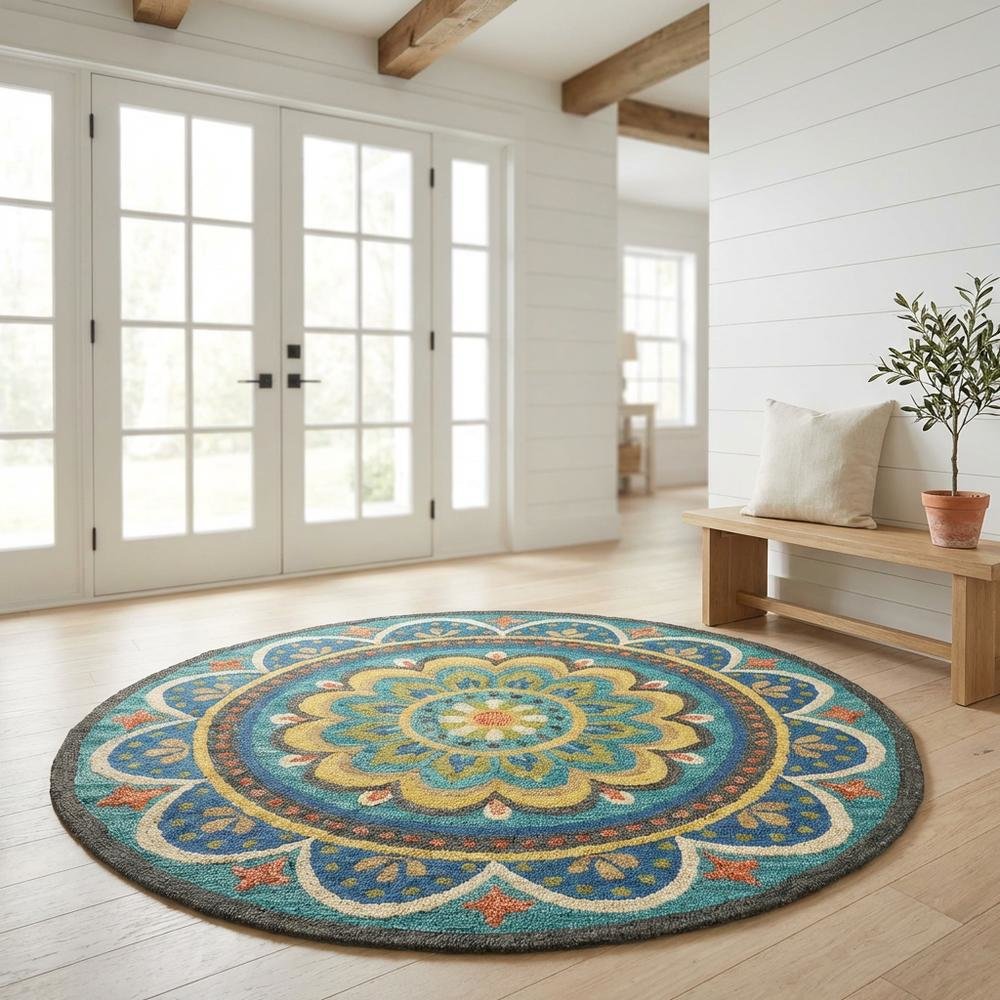 Blue Indoor Area Rug With Bohemian Design And Multicolored Pattern