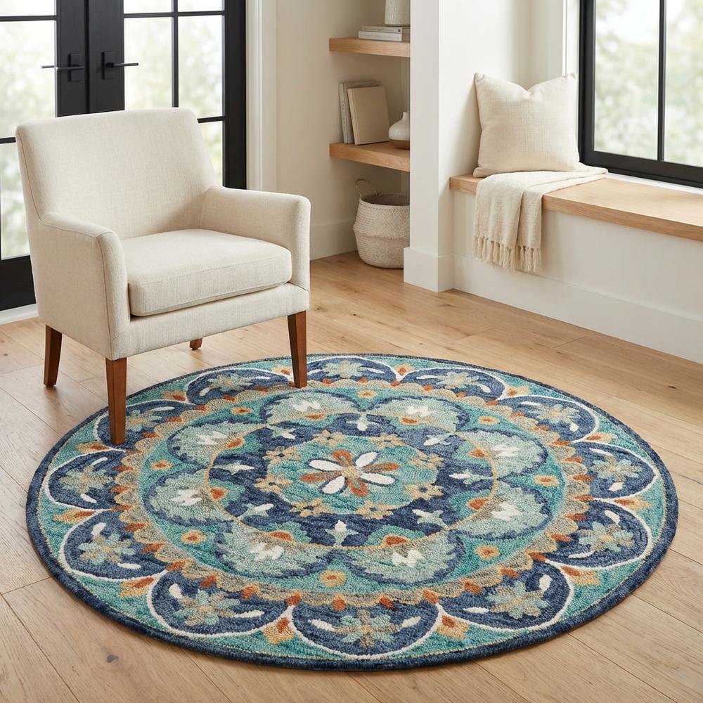 Blue Indoor Area Rug With Classic Round Design For Living Room