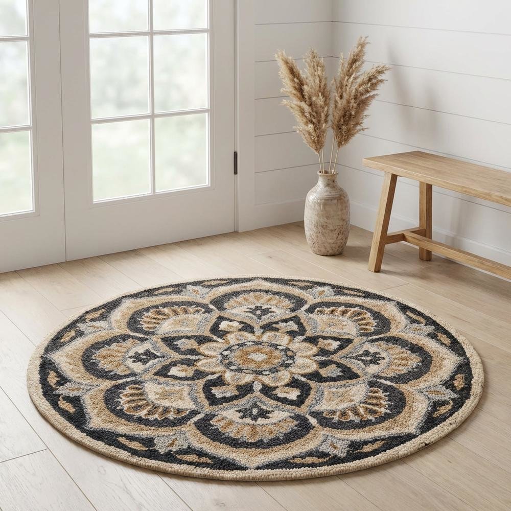 Round Indoor Area Rug With Black And Ivory Design, Classic Style For Living Room