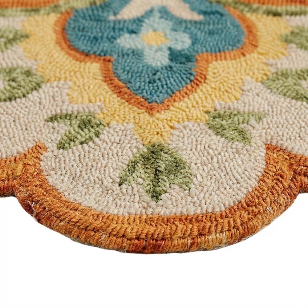 Bohemian Indoor Area Rug In Orange And Blue, Round Shape, Non-Slip Texture