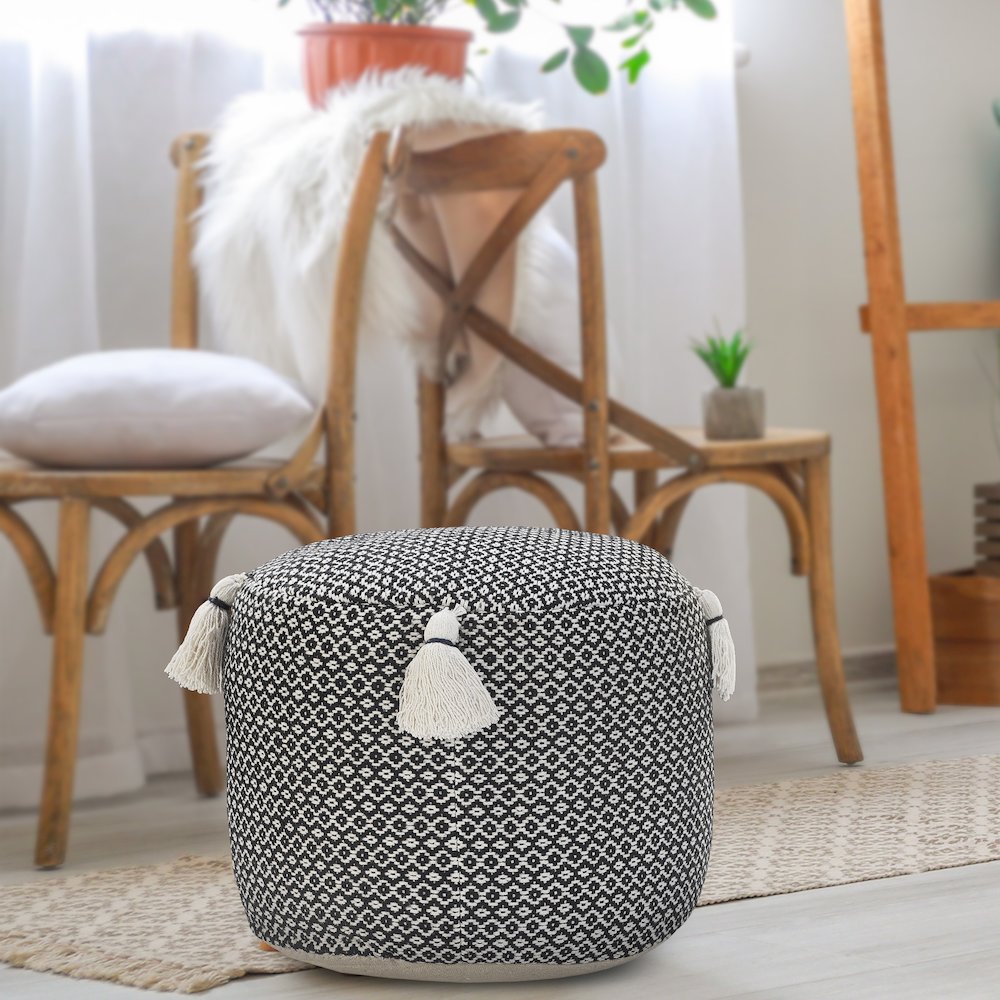 Zadia Cotton Indoor Pouf in Tan/Cream, 18" x 18" x 14"