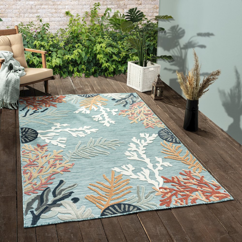 Coral Reef Hi-Low Coastal Blue Indoor Outdoor Area Rug