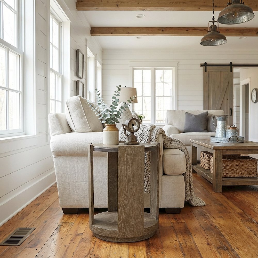 Brown Chairside Table, Hardwoods & Oak Veneers, Curved Opening Storage