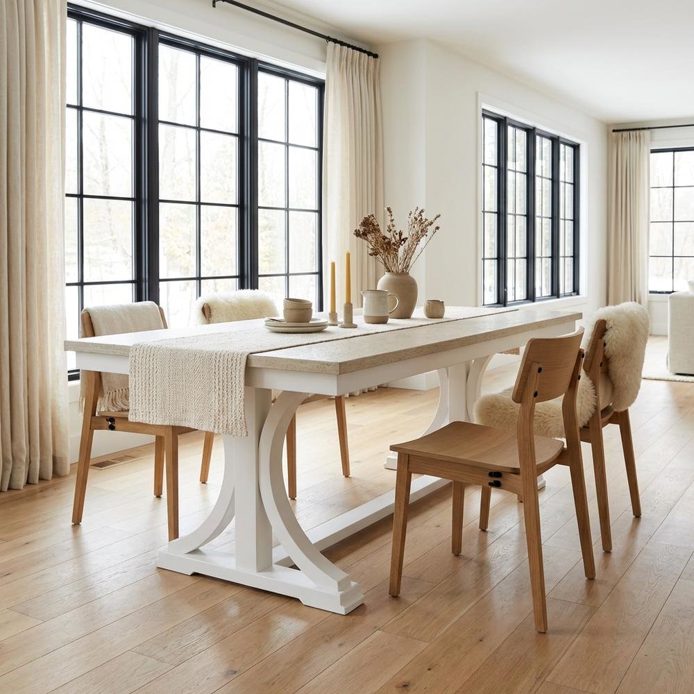Beige Farmhouse Dining Table for 6, Wooden Trestle Kitchen Table