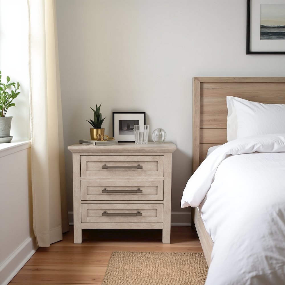 Solid Wood Gray Nightstand – 26 Inch High End Table with 3 Drawers