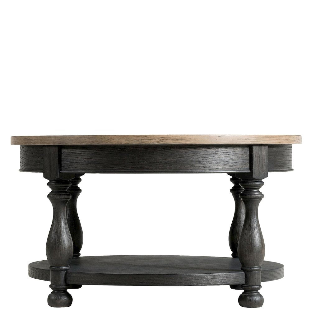 Brown Round Cocktail Table, Poplar Ash Veneer, V-Grooves Top, Lower Shelf