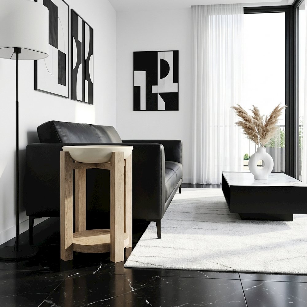 Beige Chairside Table, Oak Veneers, Textured Radiused Top, Compact Side Piece