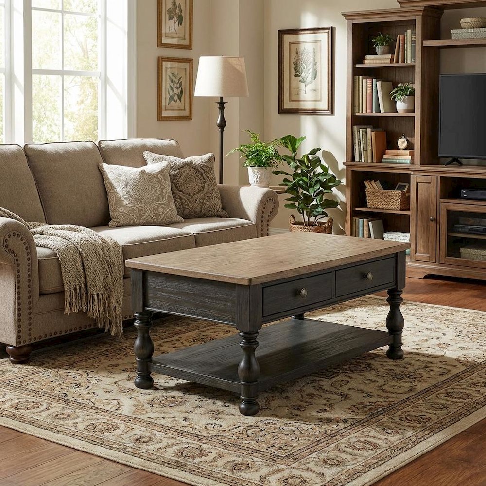 Brown Rectangle Table, Poplar Ash Veneer, 2-Drawer Storage, Lower Shelf, Casters